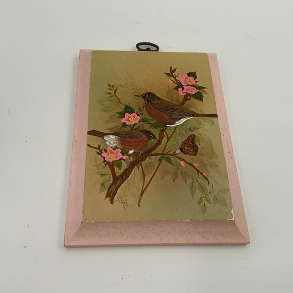 Vintage Merri-Mates Painted Birds, Pink Flowers, Pink Wood 7 1/2" Tall - Picture 4 of 5